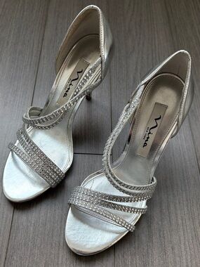 Nina CORETTA Silver Crystal-Strap Stiletto Sandals